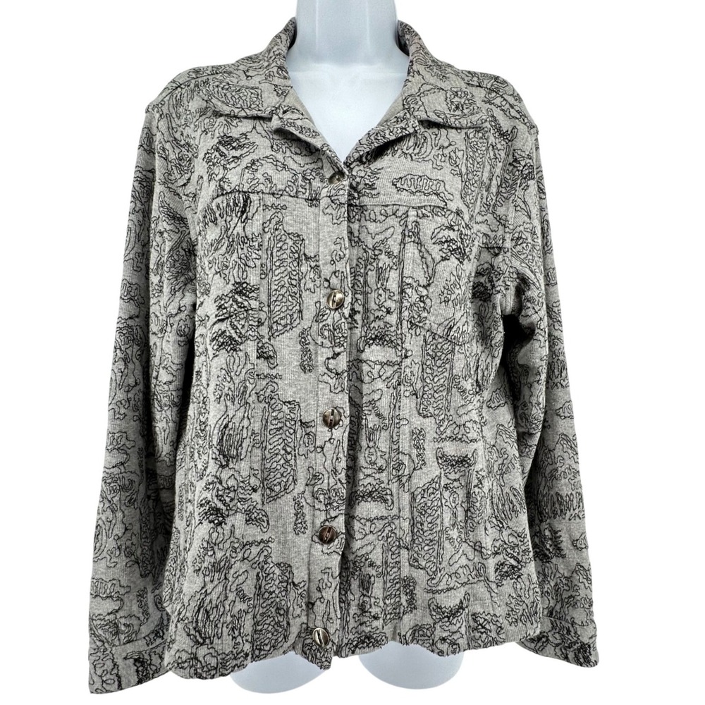 Chico's Button Front Jacket Embroidered Boho Artsy Women Size 2 US L Gray